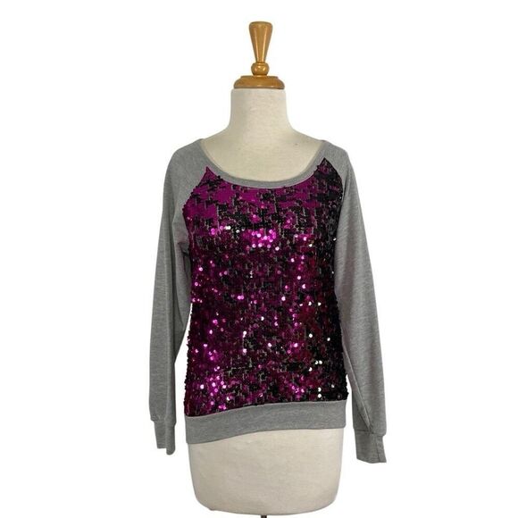 B Sharp S Purple Sequins Sweatshirt Top Mesh Y2K Sparkly Sheer Athleisure Club - Picture 1 of 8